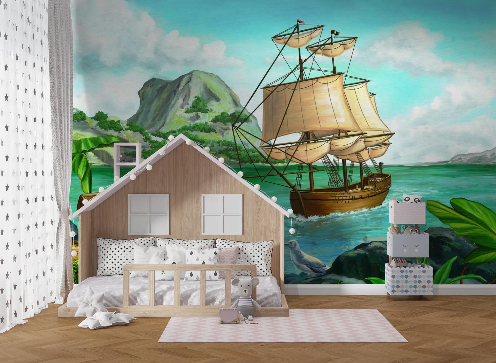 Fototapeta skarb na pokładzie statku zbliża się do wybrzeża