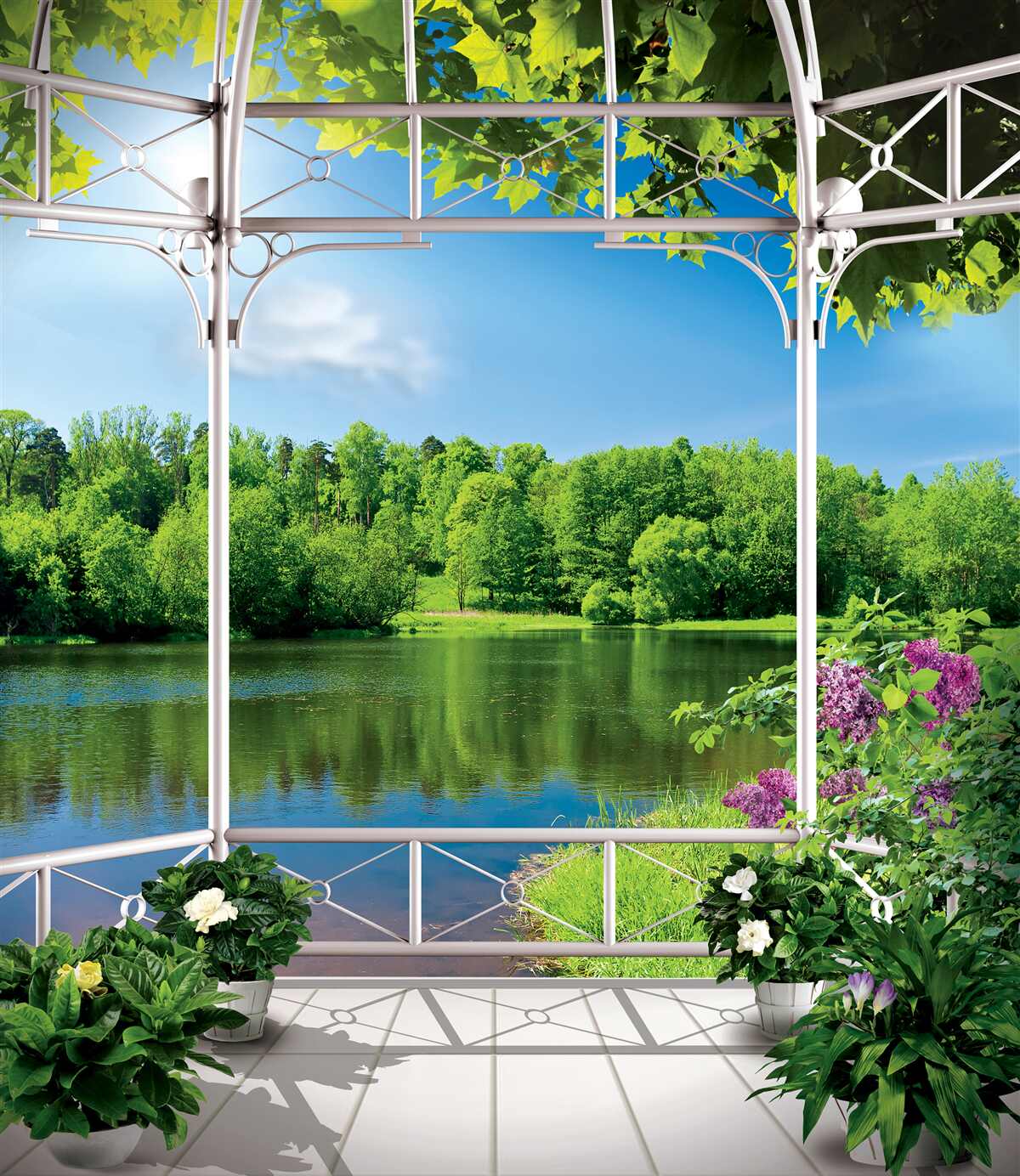 Fototapeta pawilon z roślinami nad stawem
