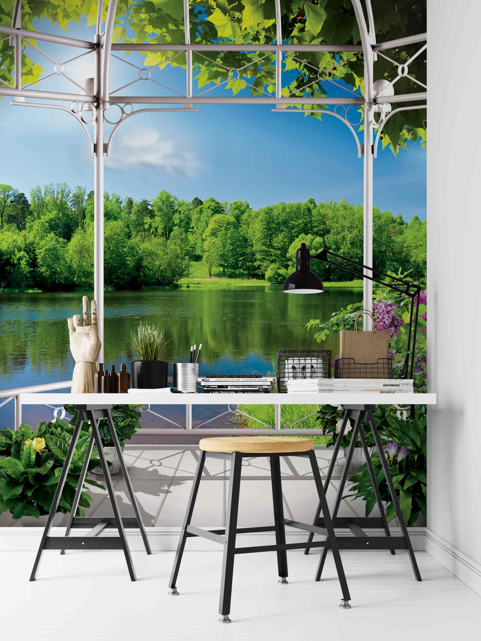 Fototapeta pawilon z roślinami nad stawem