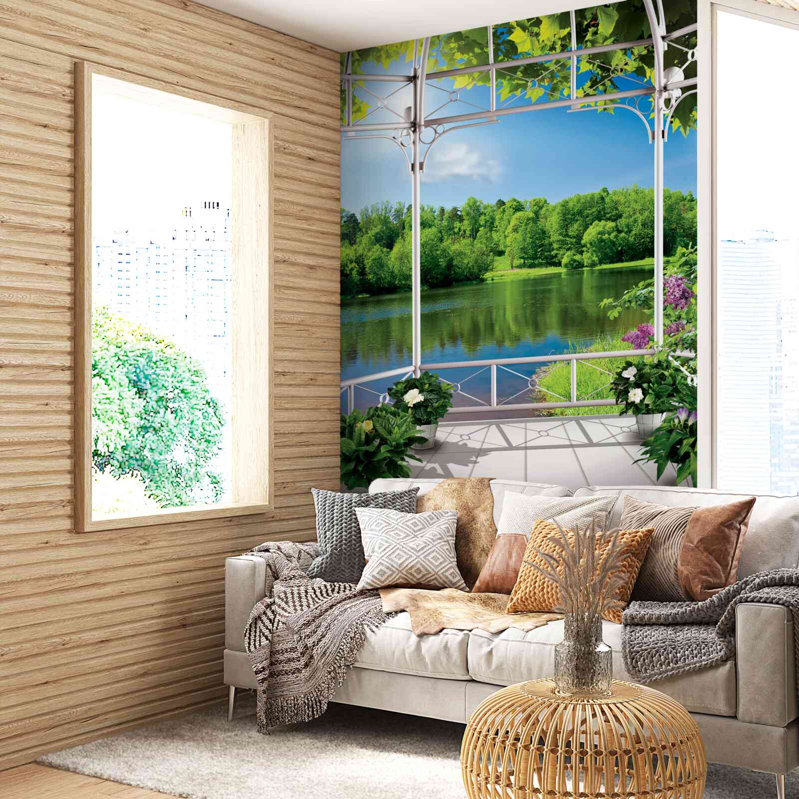 Fototapeta pawilon z roślinami nad stawem