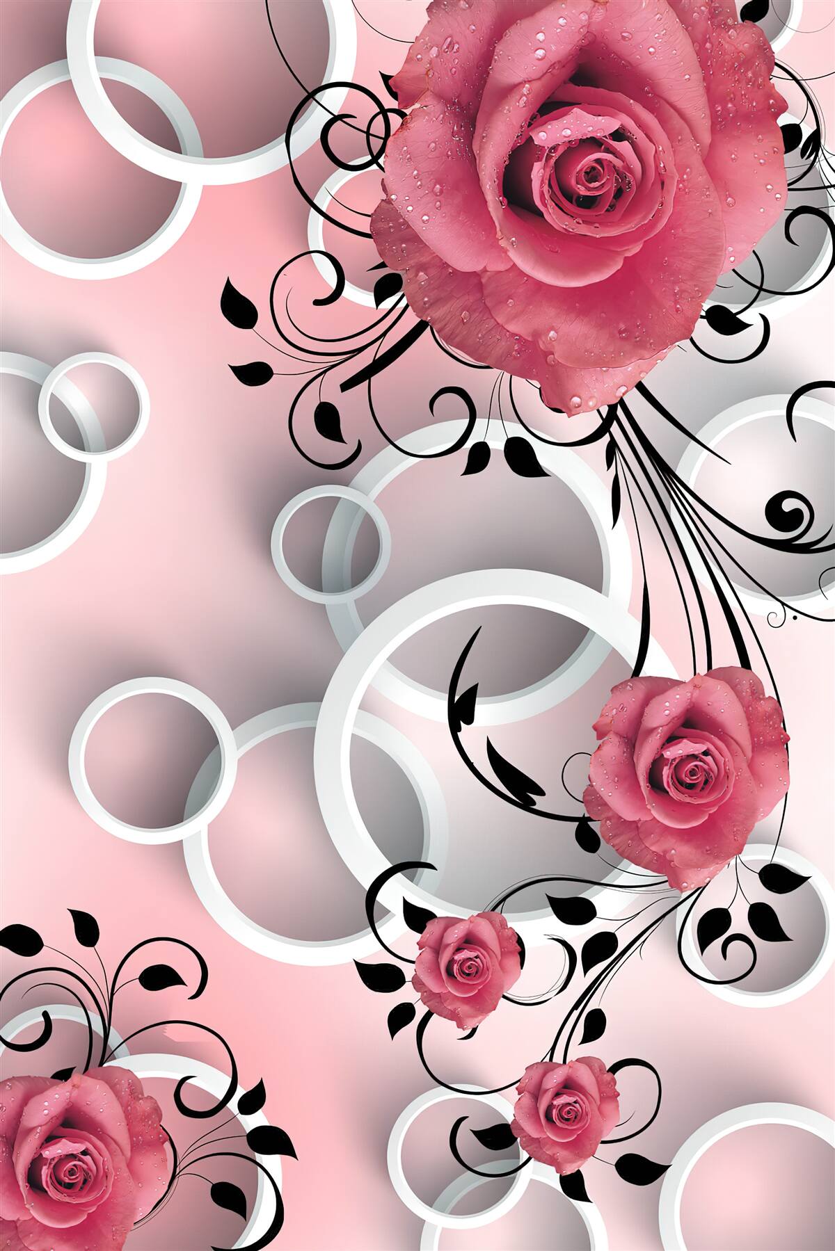 Fototapeta różowe róże w jasnych odcieniach na tle tego samego koloru z białymi kółkami