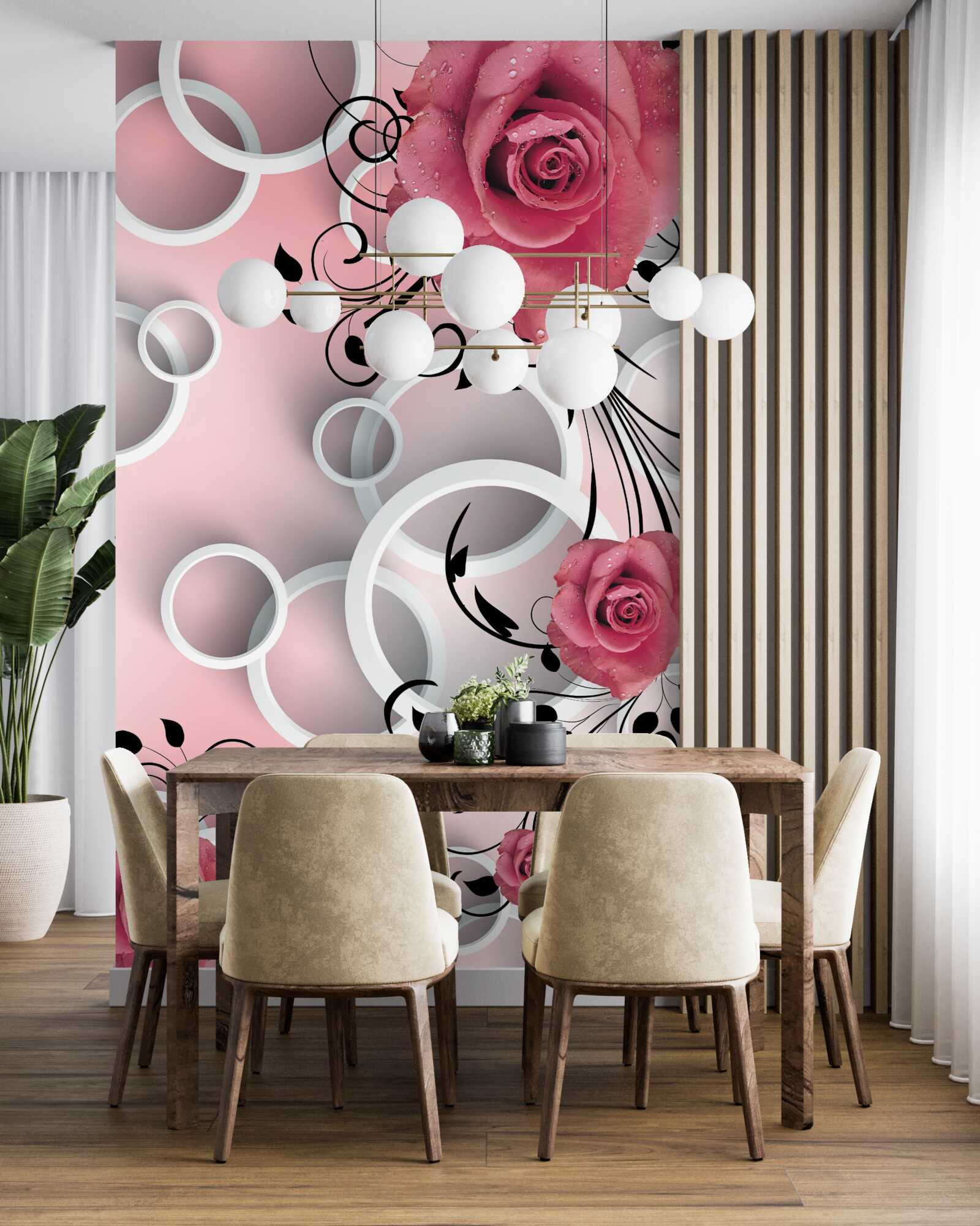 Fototapeta różowe róże w jasnych odcieniach na tle tego samego koloru z białymi kółkami