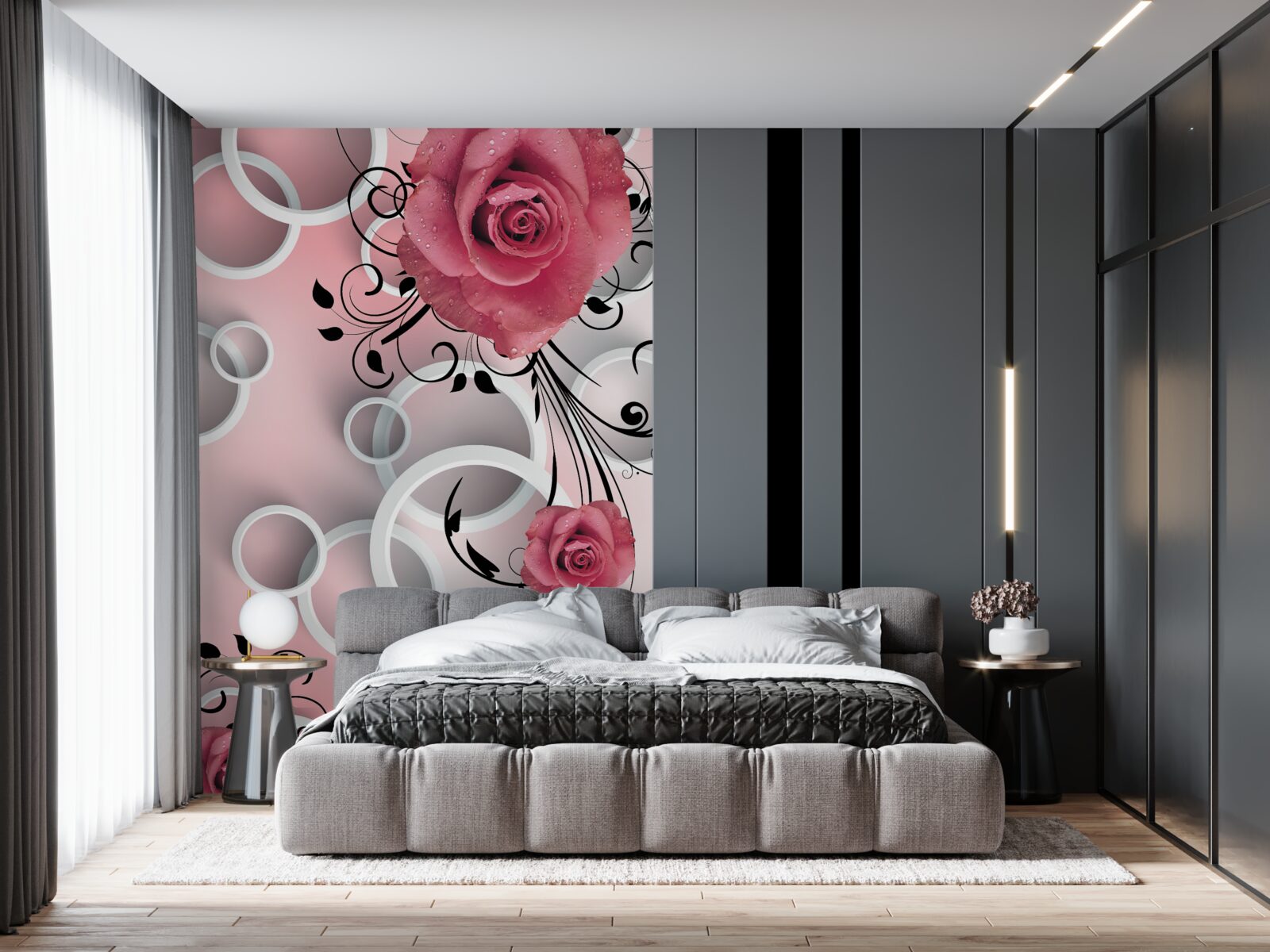 Fototapeta różowe róże w jasnych odcieniach na tle tego samego koloru z białymi kółkami