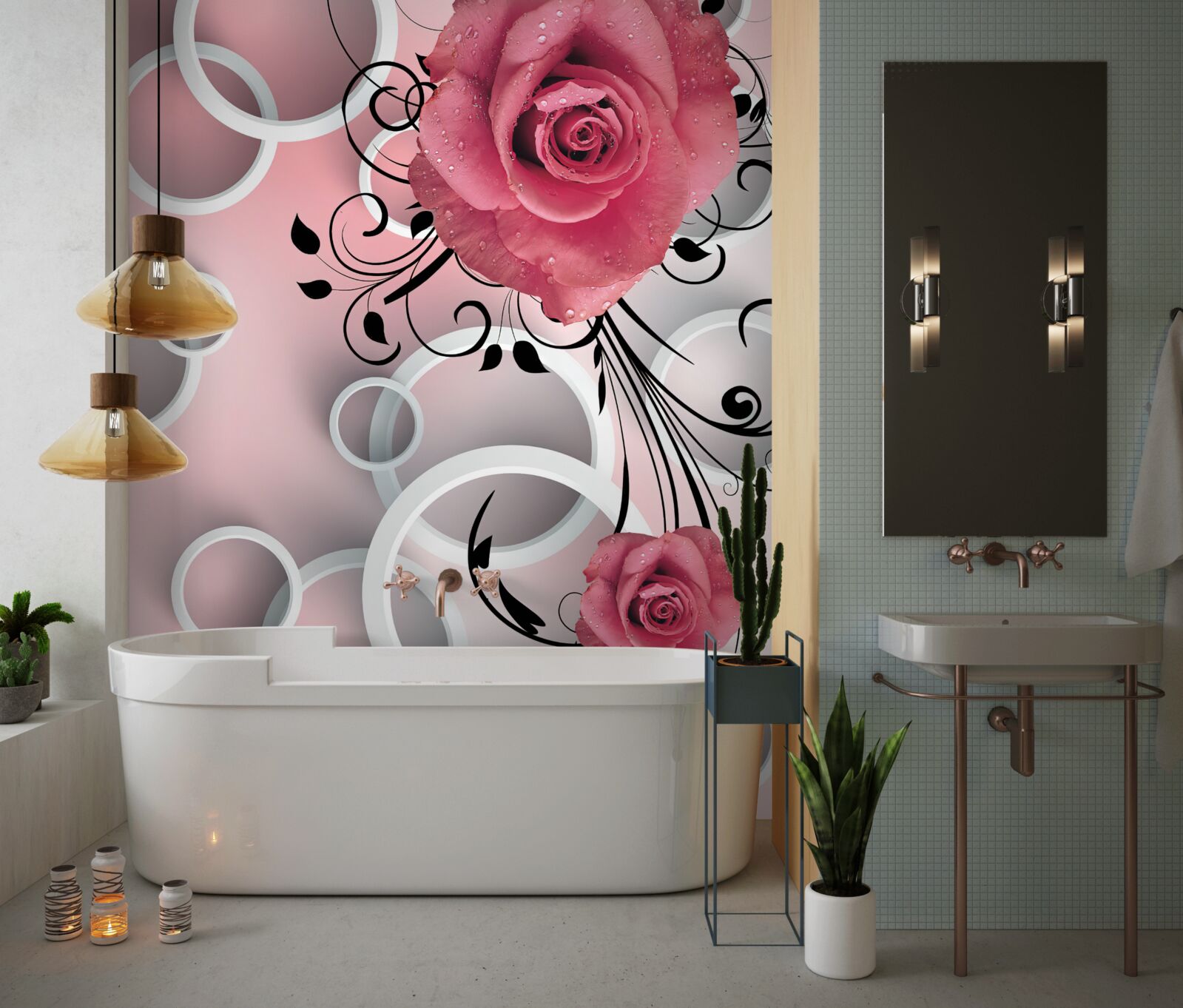 Fototapeta różowe róże w jasnych odcieniach na tle tego samego koloru z białymi kółkami