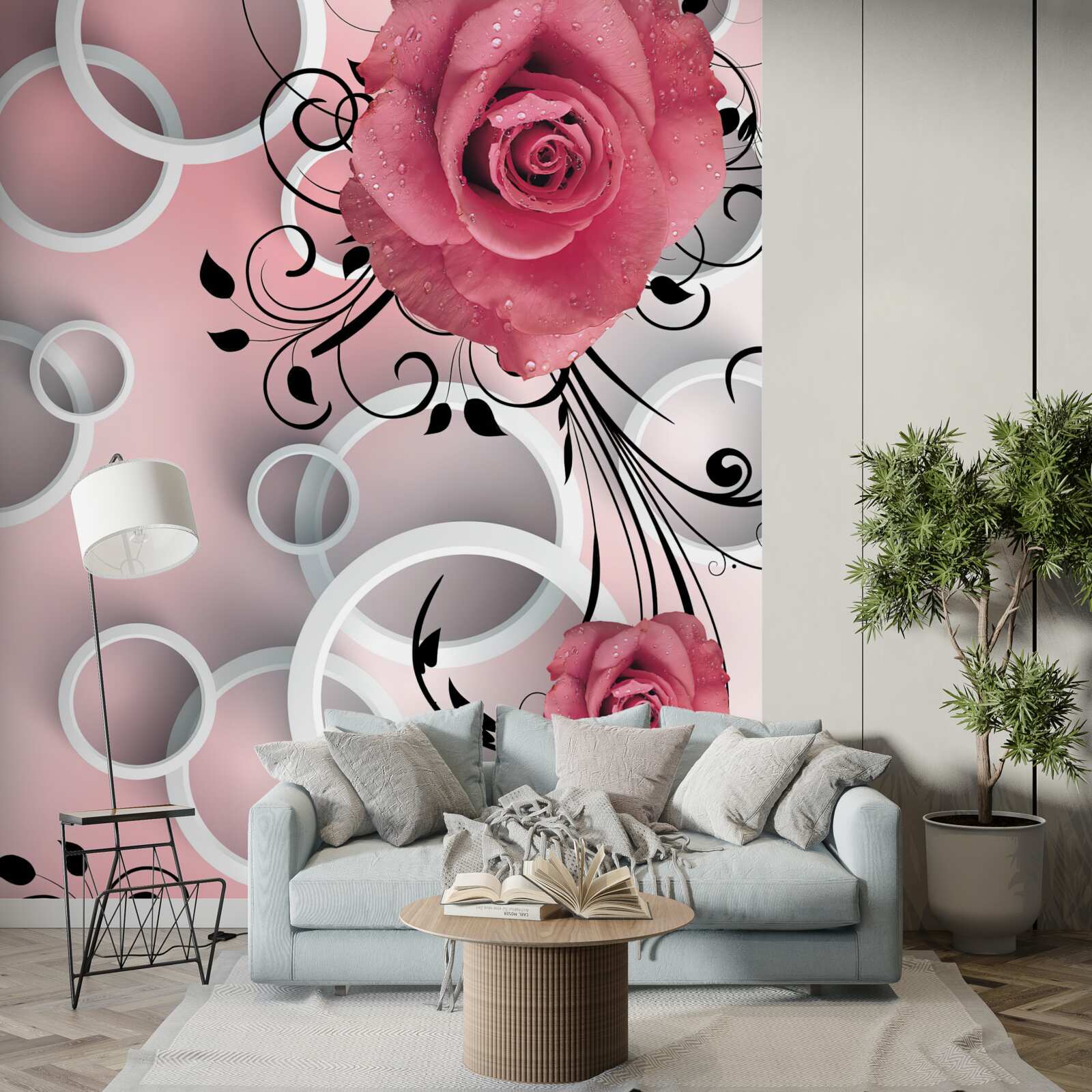 Fototapeta różowe róże w jasnych odcieniach na tle tego samego koloru z białymi kółkami