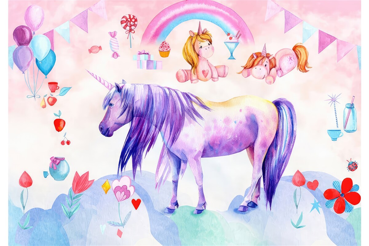 Fototapeta jednorożce otoczone tęczą, kwiatami i prezentami