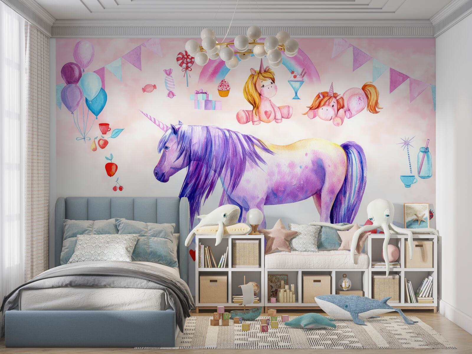 Fototapeta jednorożce otoczone tęczą, kwiatami i prezentami