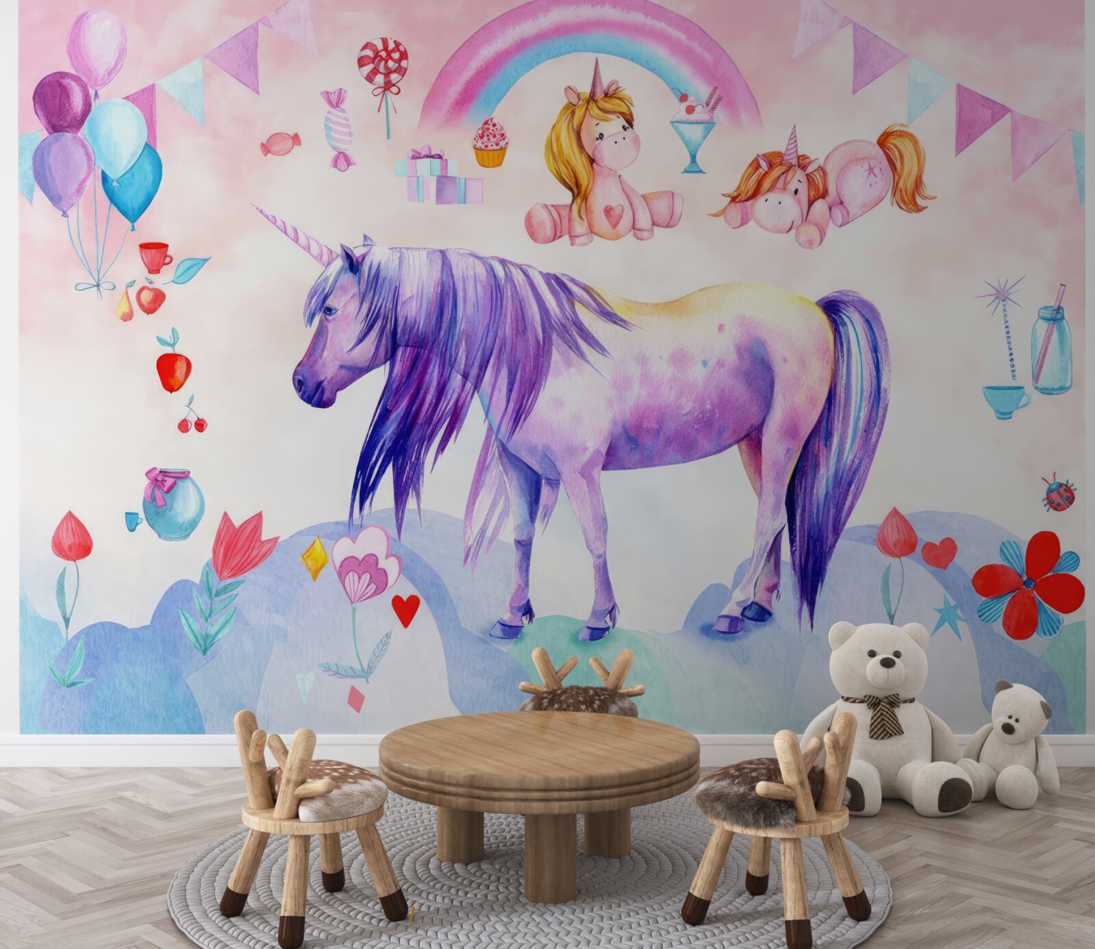 Fototapeta jednorożce otoczone tęczą, kwiatami i prezentami