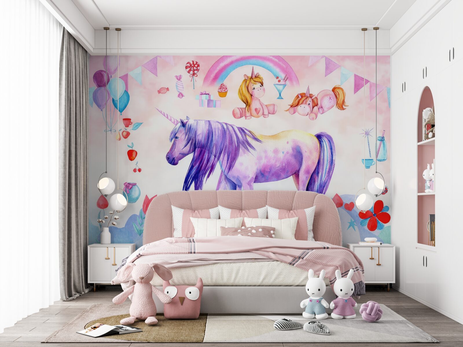 Fototapeta jednorożce otoczone tęczą, kwiatami i prezentami