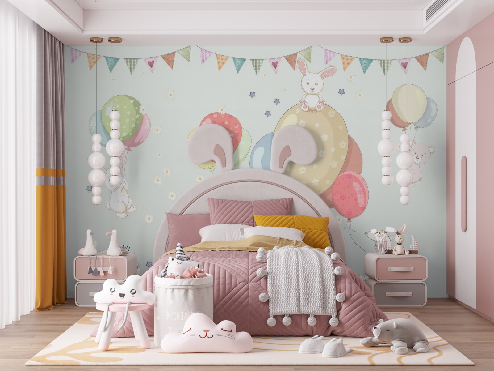 Fototapeta króliki i niedźwiedzie z balonami