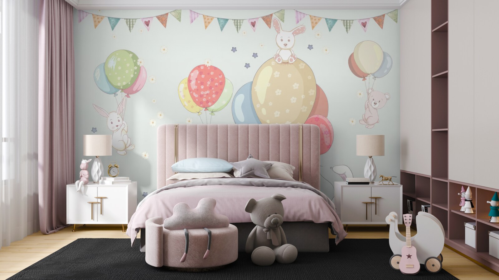 Fototapeta króliki i niedźwiedzie z balonami