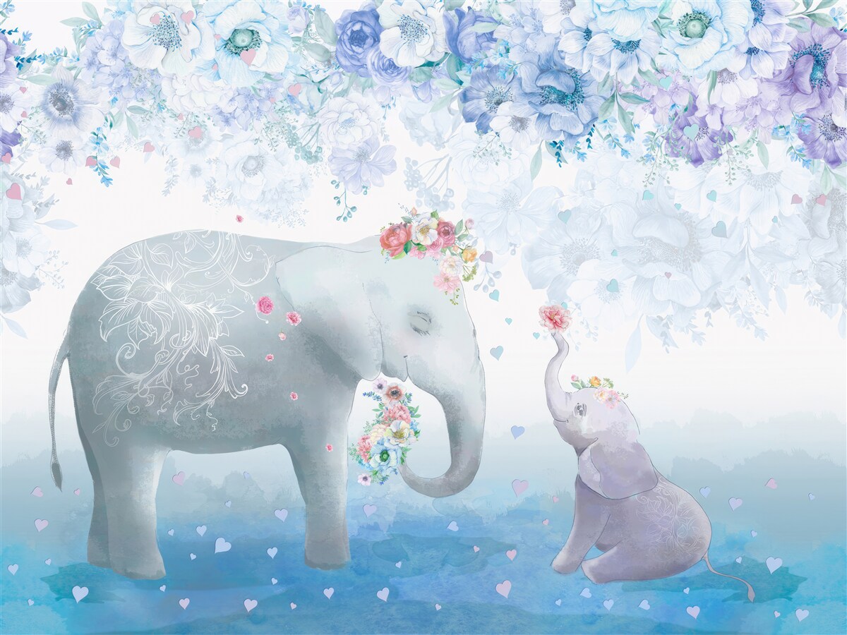 Fototapeta słoń z dzieckiem wśród kwiatów