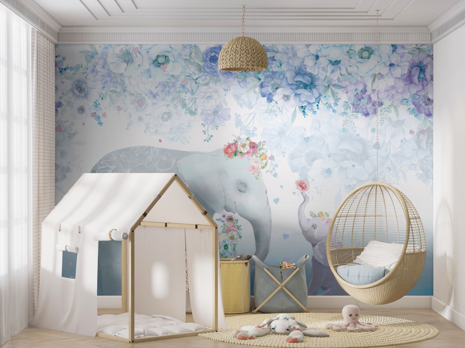 Fototapeta słoń z dzieckiem wśród kwiatów