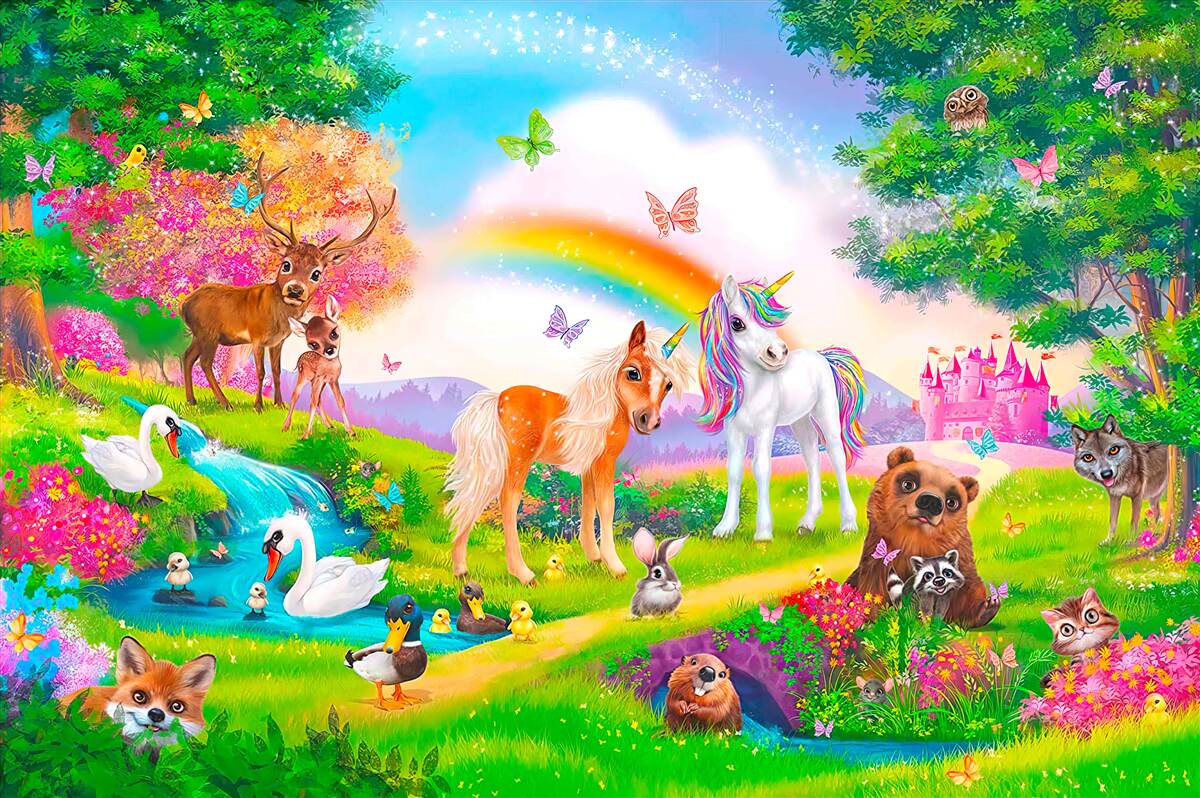 Fototapeta leśną polanę zamieszkują jednorożce, zwierzęta, ptaki i motyle