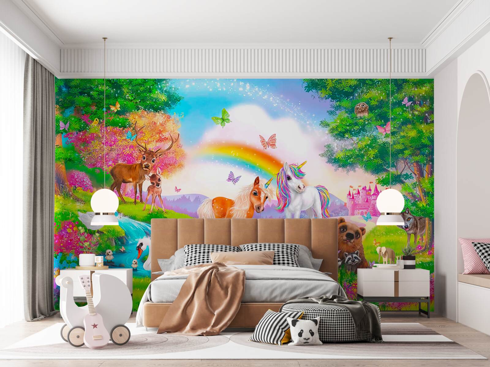 Fototapeta leśną polanę zamieszkują jednorożce, zwierzęta, ptaki i motyle