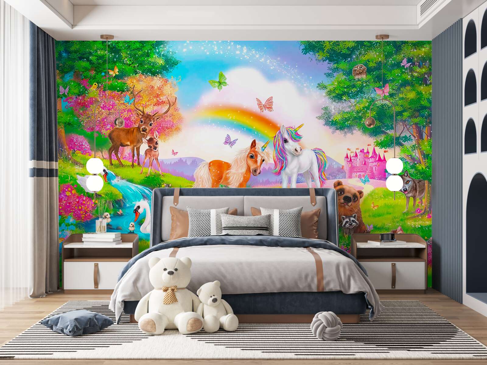 Fototapeta leśną polanę zamieszkują jednorożce, zwierzęta, ptaki i motyle
