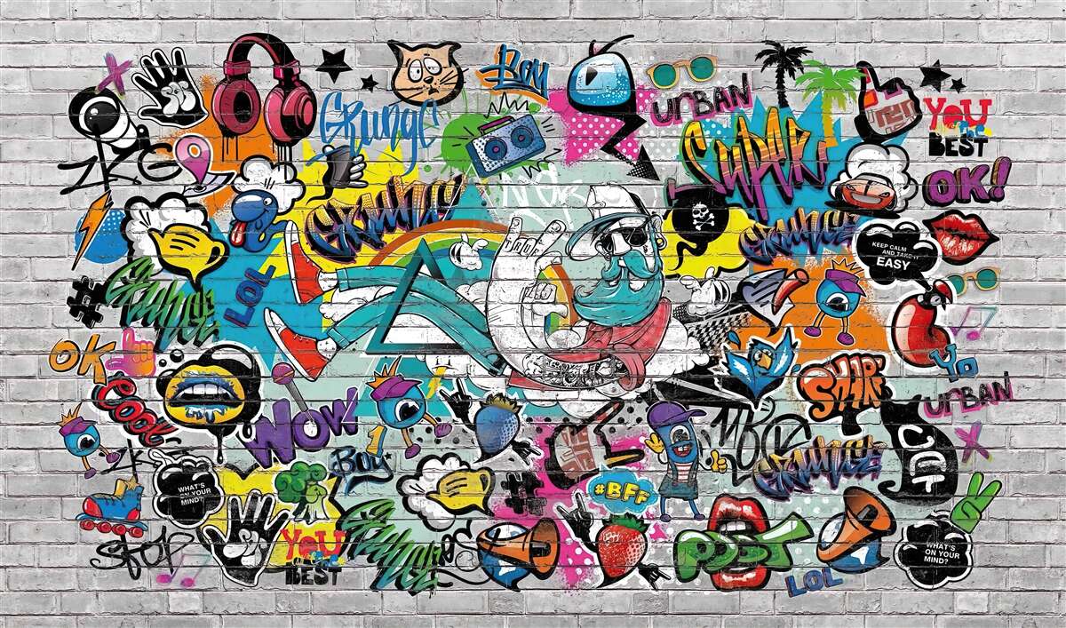 Fototapeta Ściana z cegieł ozdobiona jasnym graffiti