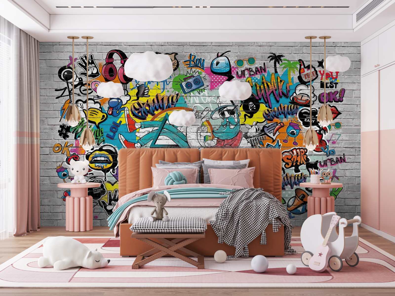 Fototapeta Ściana z cegieł ozdobiona jasnym graffiti