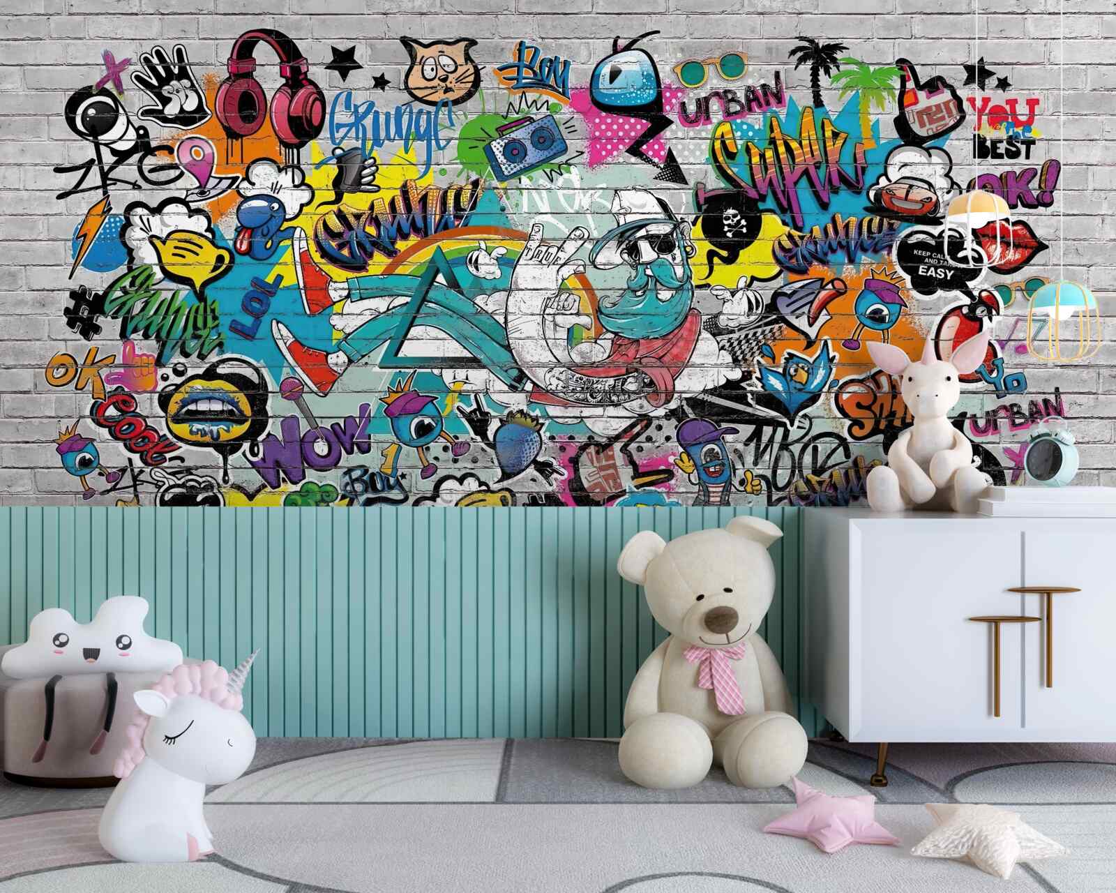 Fototapeta Ściana z cegieł ozdobiona jasnym graffiti