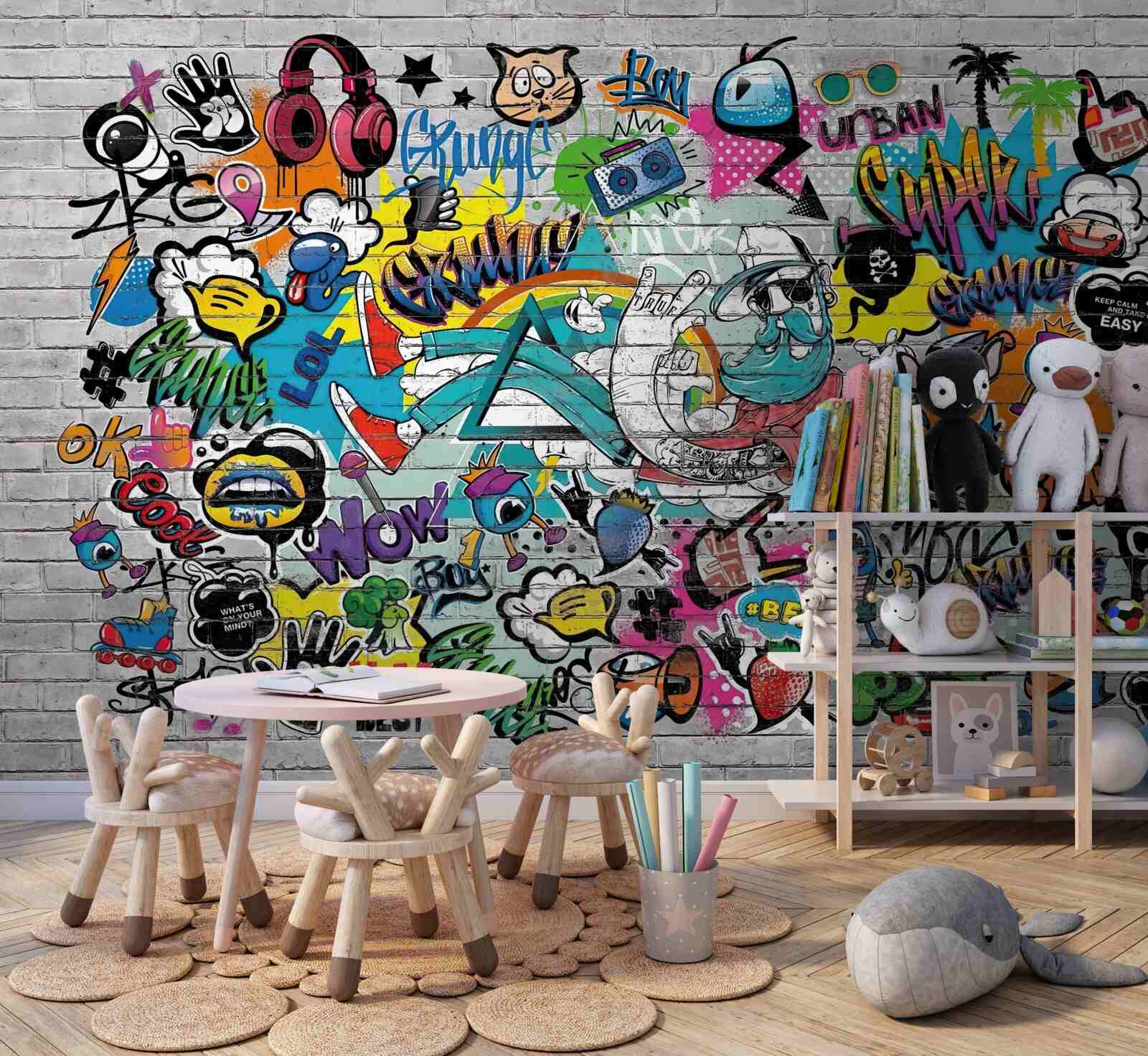 Fototapeta Ściana z cegieł ozdobiona jasnym graffiti