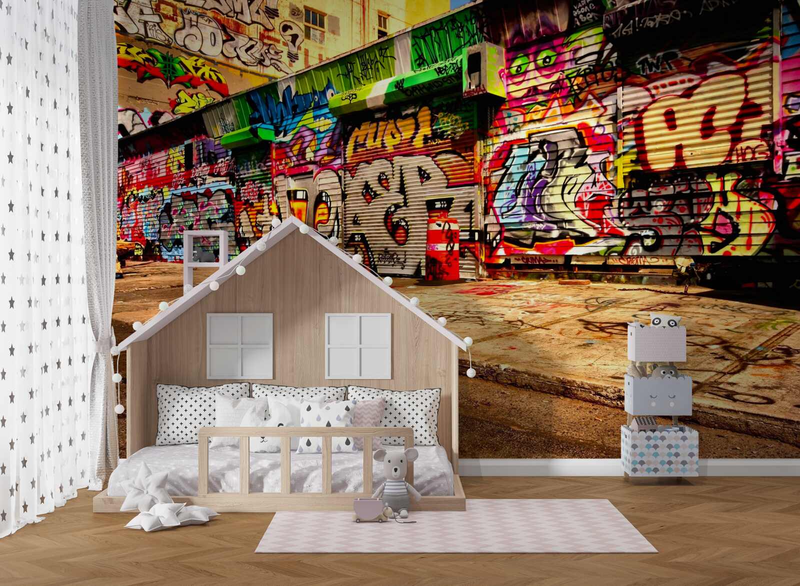 Fototapeta budynki przy ulicy ozdobione są graffiti