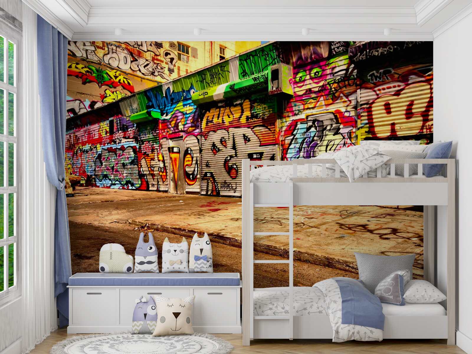 Fototapeta budynki przy ulicy ozdobione są graffiti