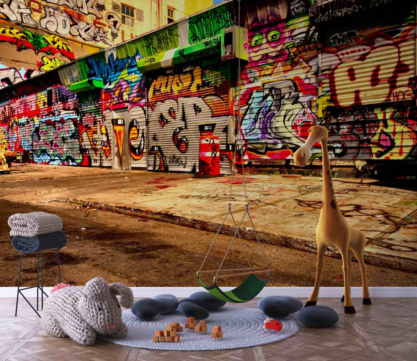 Fototapeta budynki przy ulicy ozdobione są graffiti