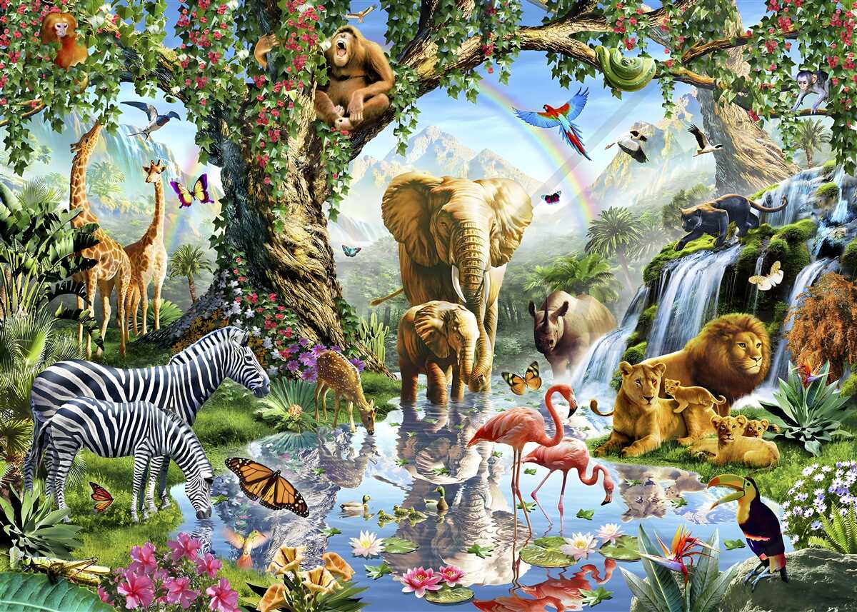 Fototapeta różnorodne zwierzęta i ptaki w lesie w pobliżu stawu