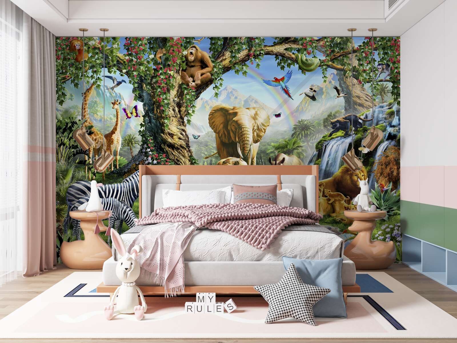 Fototapeta różnorodne zwierzęta i ptaki w lesie w pobliżu stawu