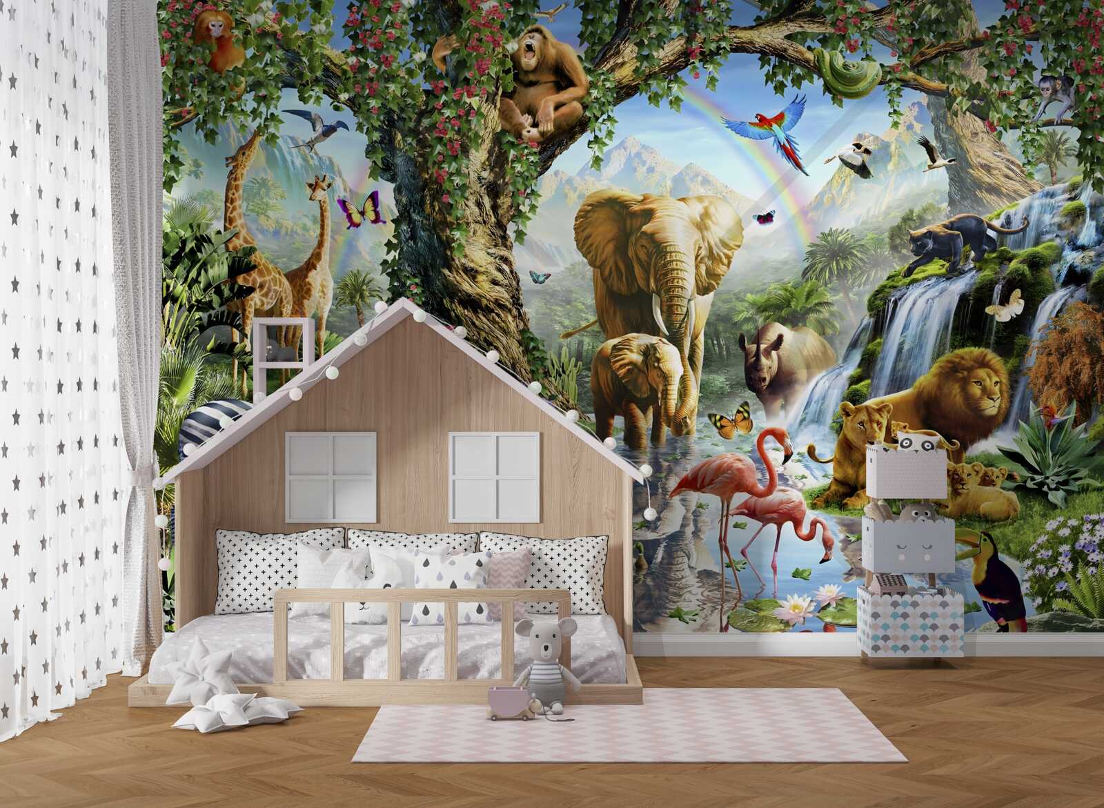 Fototapeta różnorodne zwierzęta i ptaki w lesie w pobliżu stawu