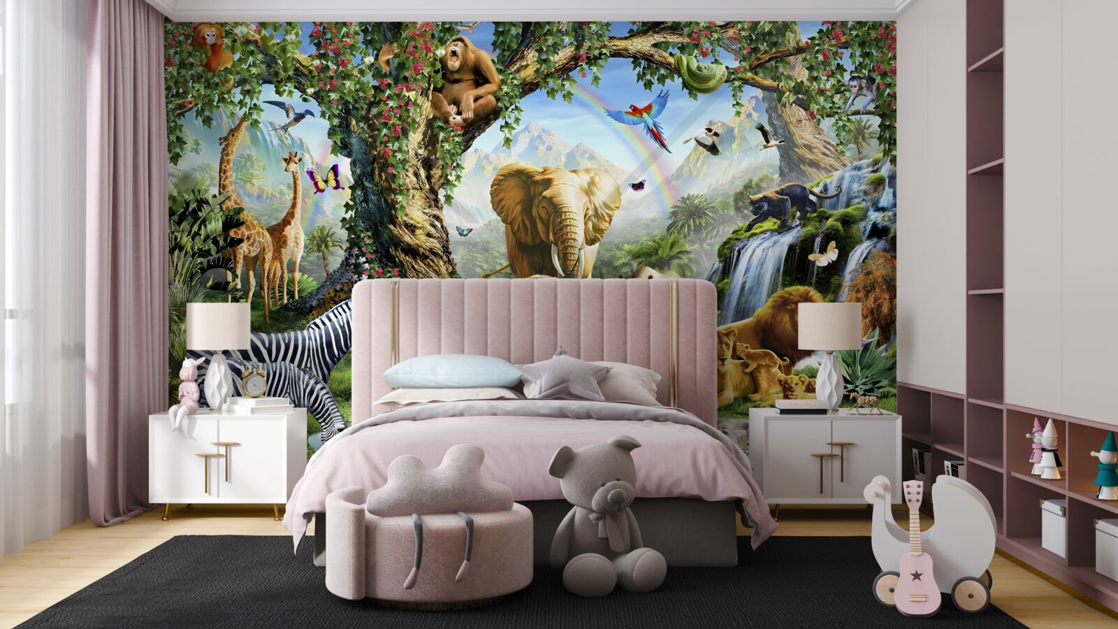 Fototapeta różnorodne zwierzęta i ptaki w lesie w pobliżu stawu