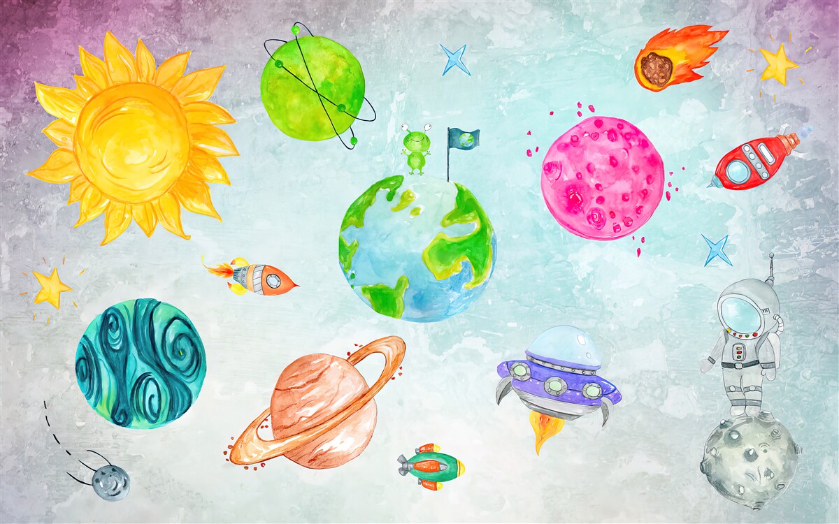 Fototapeta przedstawione planety i astronauta na powierzchni księżyca