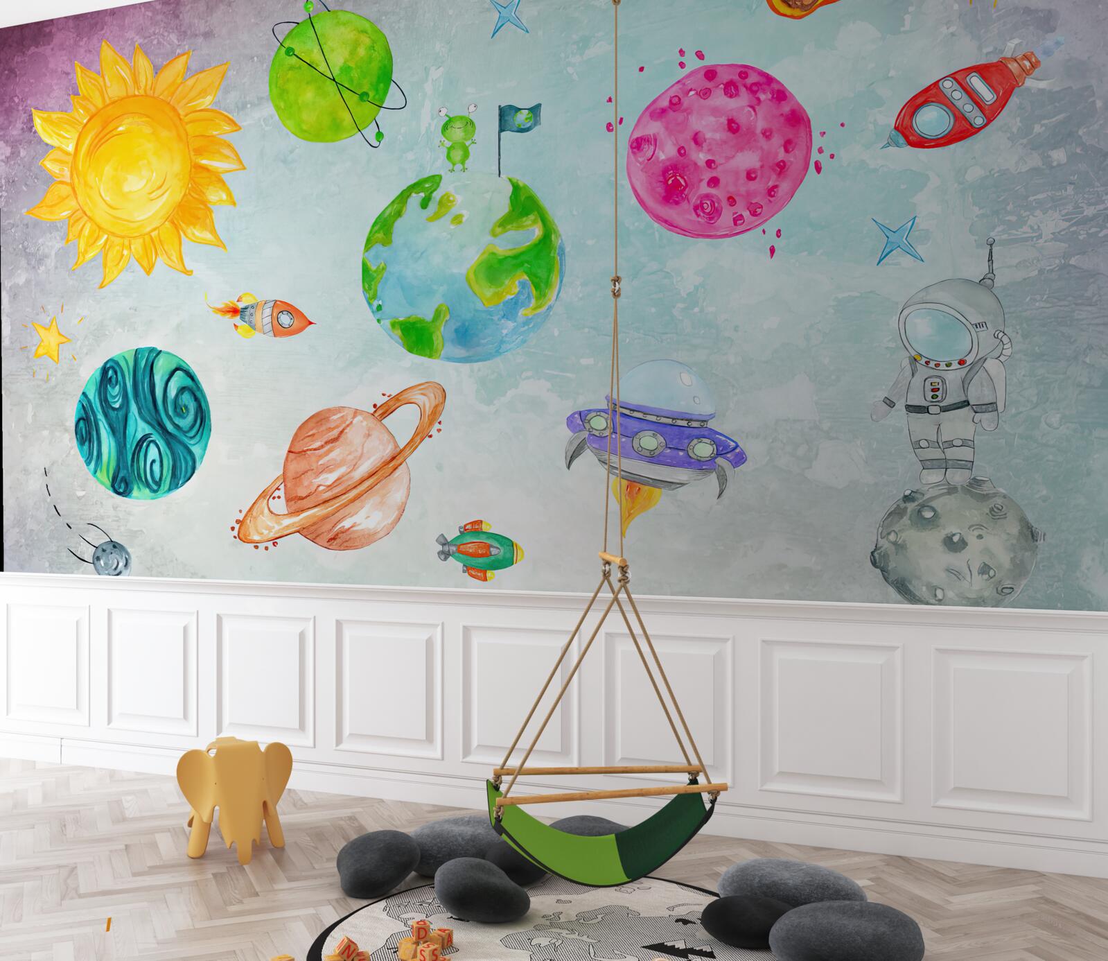 Fototapeta przedstawione planety i astronauta na powierzchni księżyca