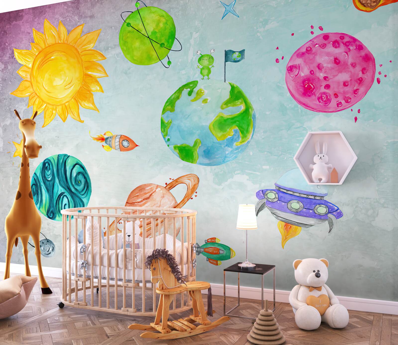 Fototapeta przedstawione planety i astronauta na powierzchni księżyca