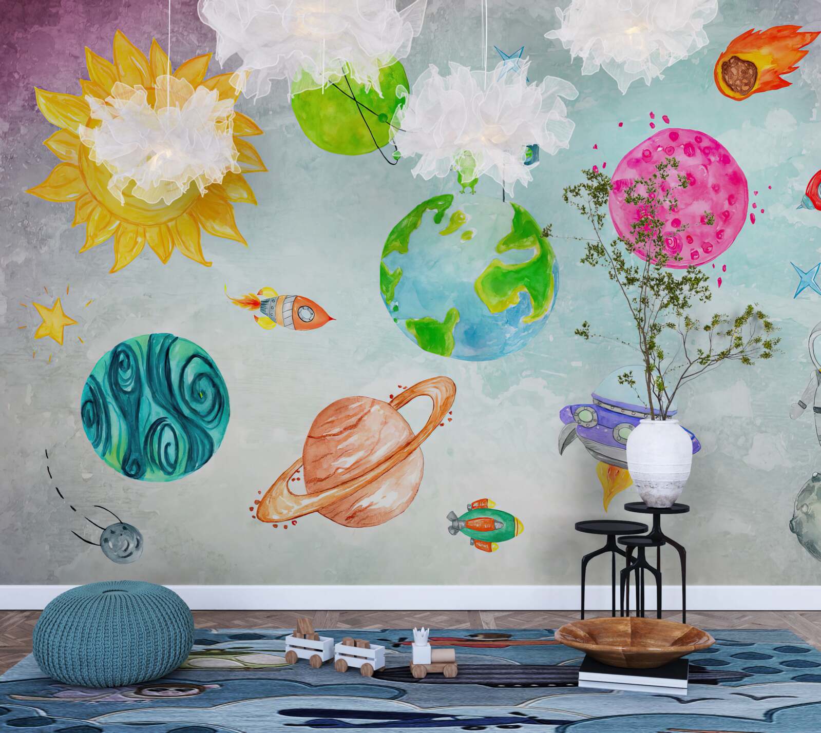 Fototapeta przedstawione planety i astronauta na powierzchni księżyca