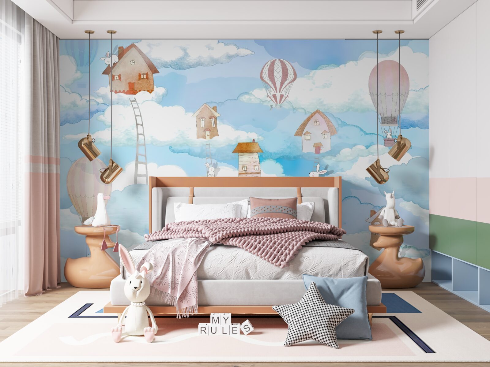 Fototapeta króliki na szczytach budynków i schodów