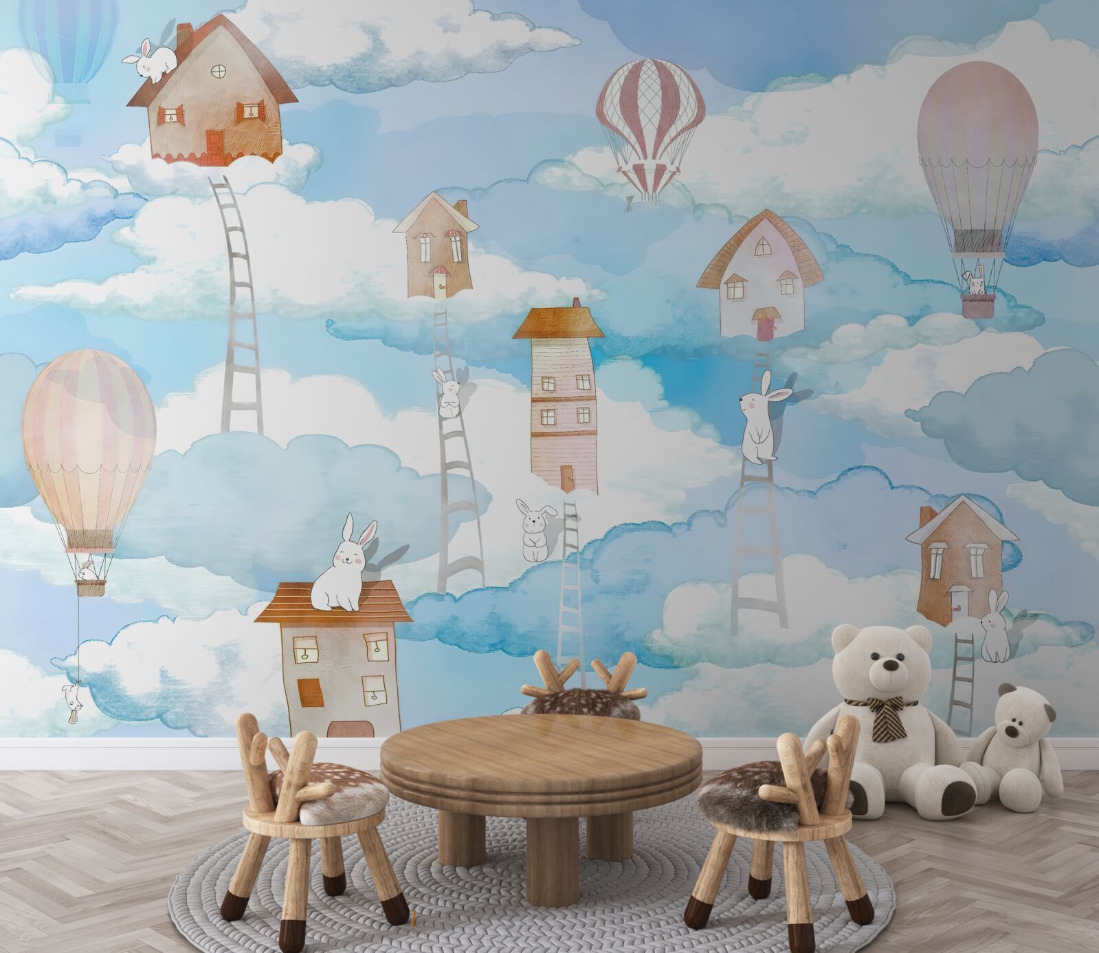 Fototapeta króliki na szczytach budynków i schodów