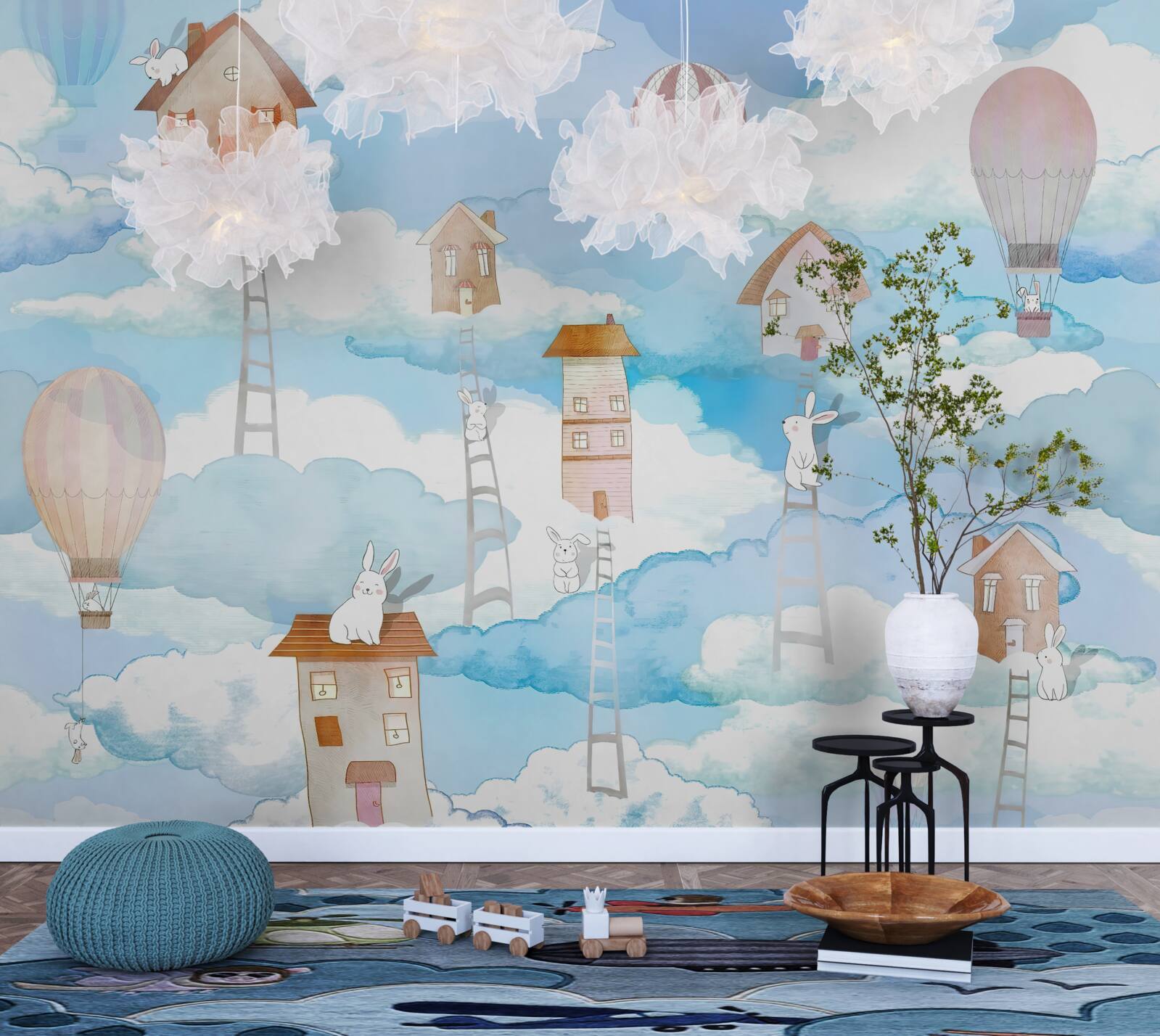 Fototapeta króliki na szczytach budynków i schodów