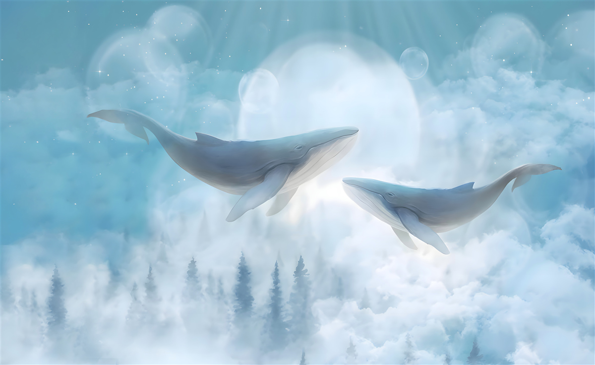 Fototapeta wieloryby szybują nad mglistym lasem