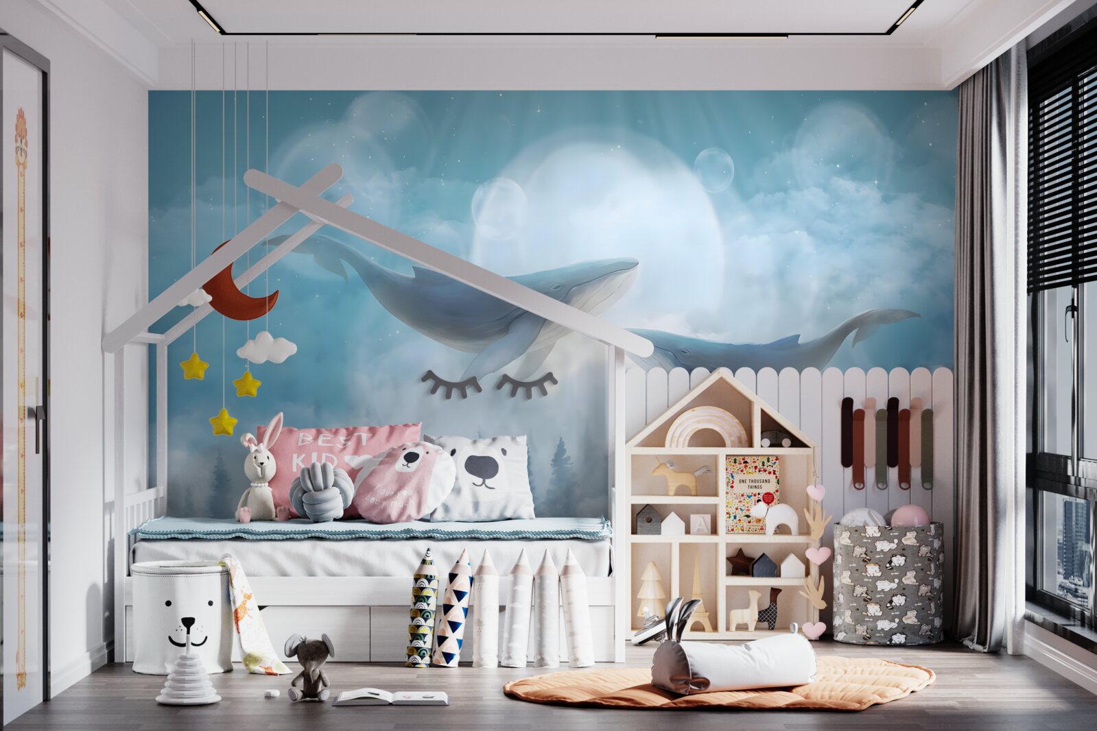 Fototapeta wieloryby szybują nad mglistym lasem