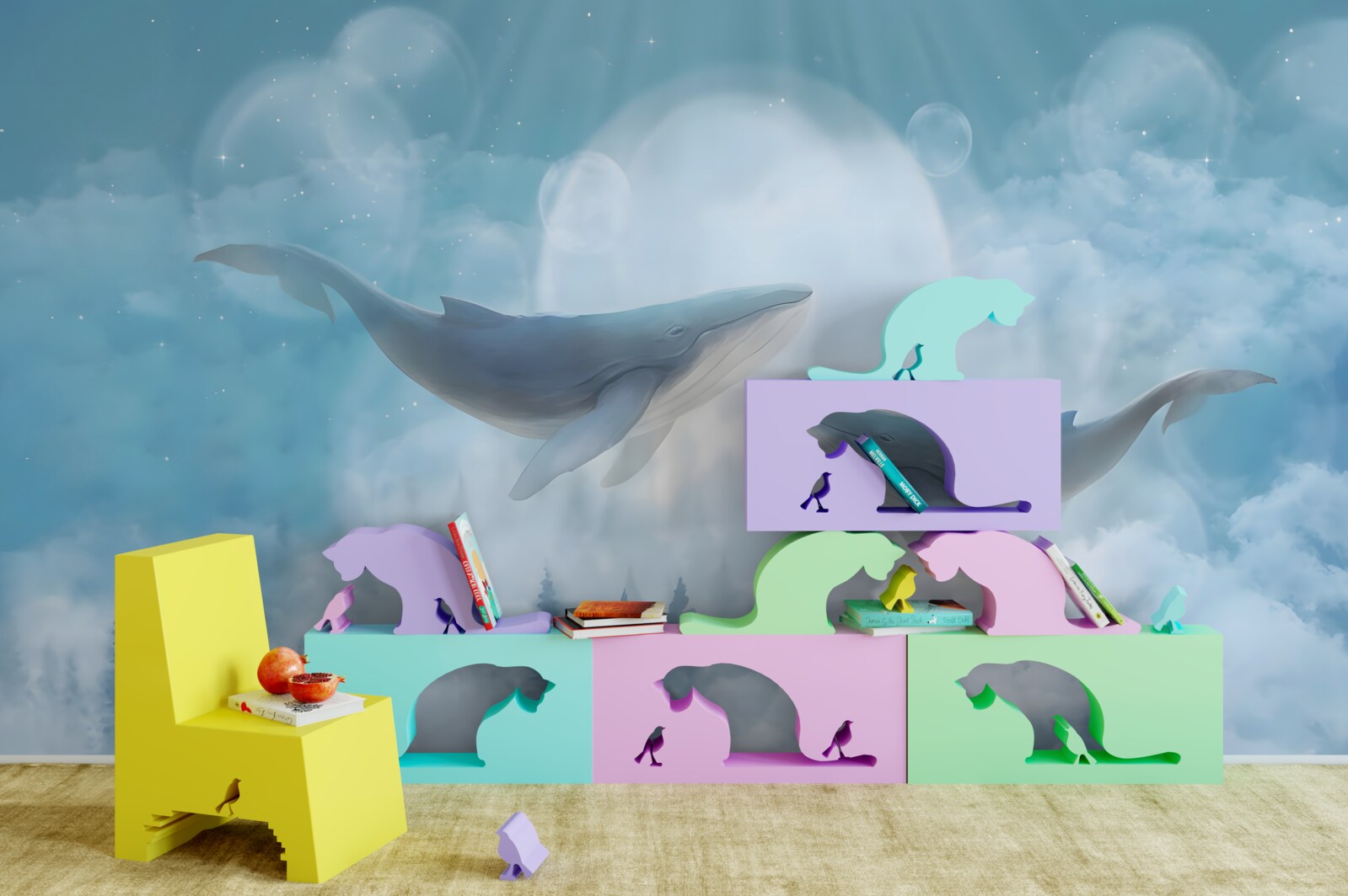 Fototapeta wieloryby szybują nad mglistym lasem