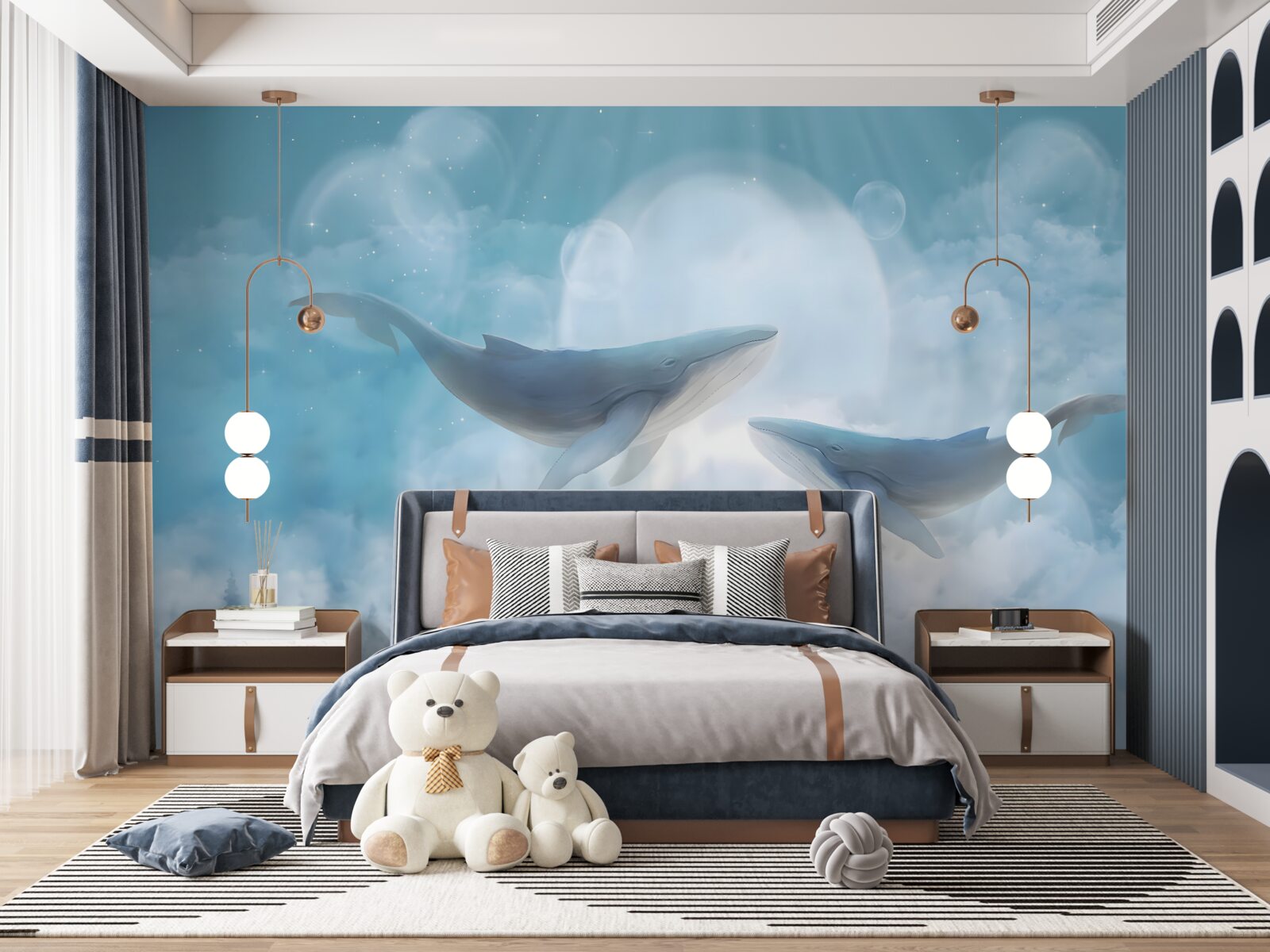 Fototapeta wieloryby szybują nad mglistym lasem