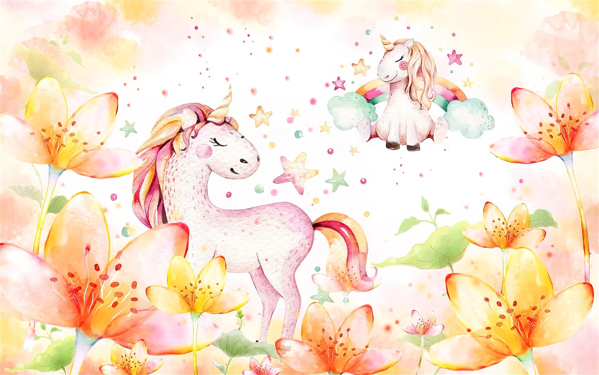 Fototapeta kwiaty wokół jednorożców z zamkniętymi oczami