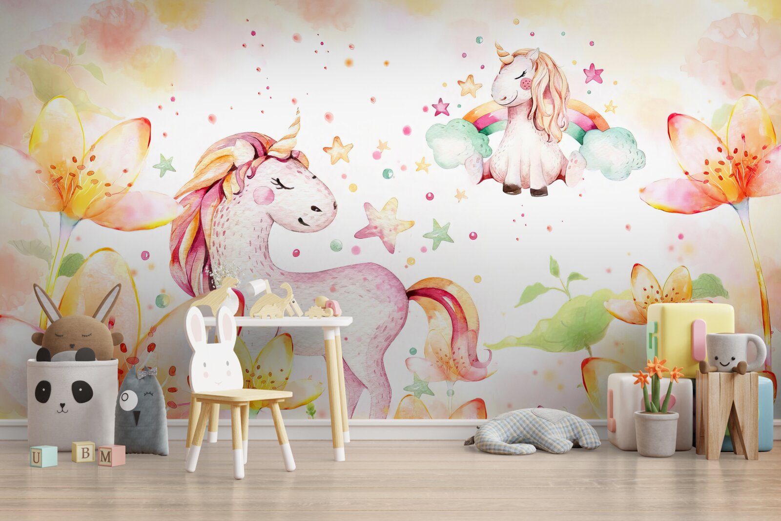 Fototapeta kwiaty wokół jednorożców z zamkniętymi oczami