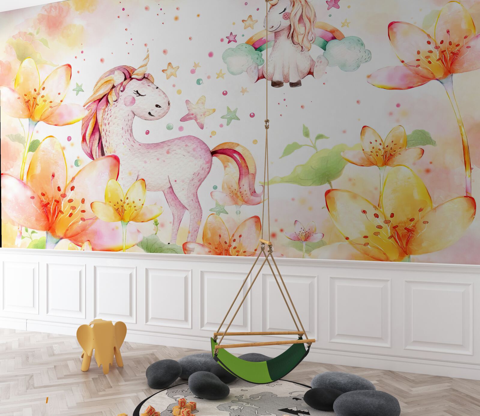 Fototapeta kwiaty wokół jednorożców z zamkniętymi oczami