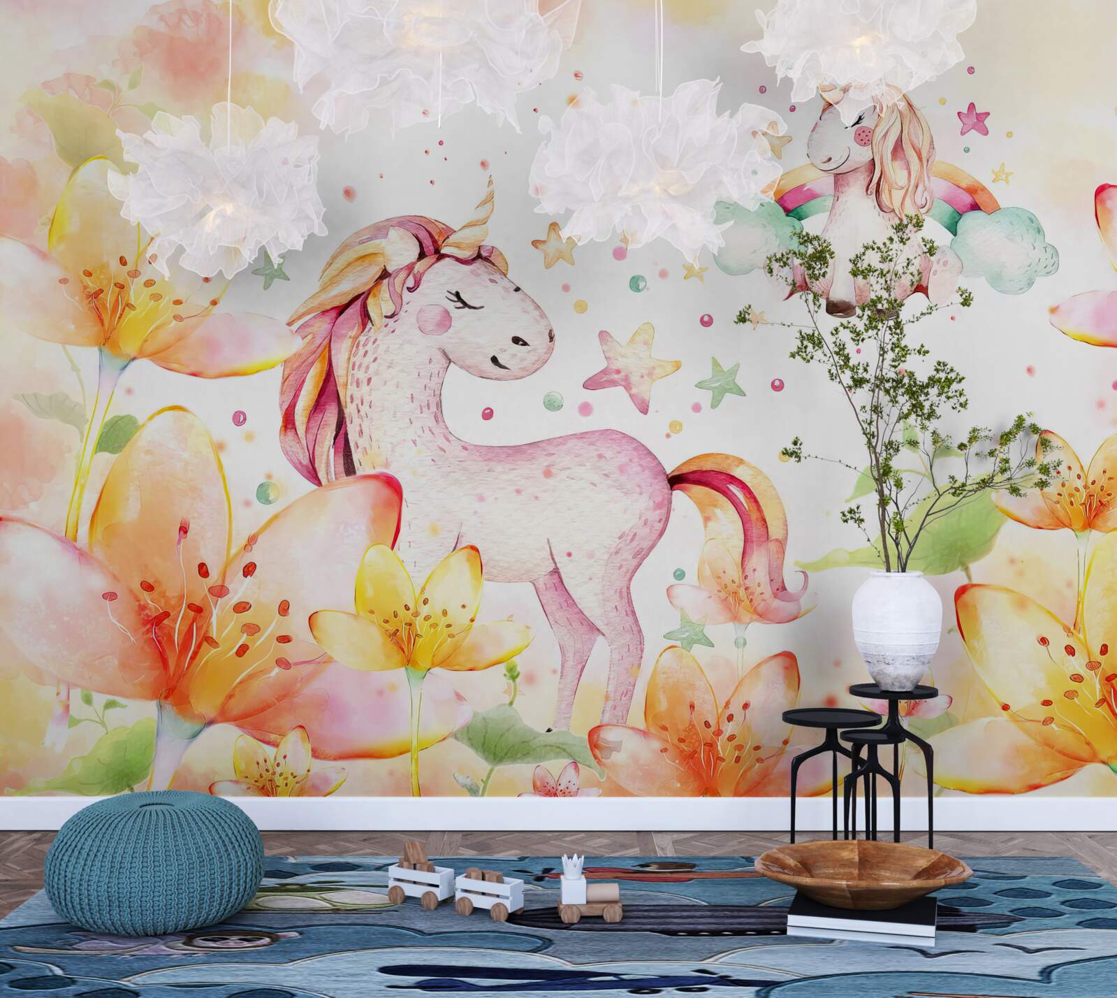 Fototapeta kwiaty wokół jednorożców z zamkniętymi oczami