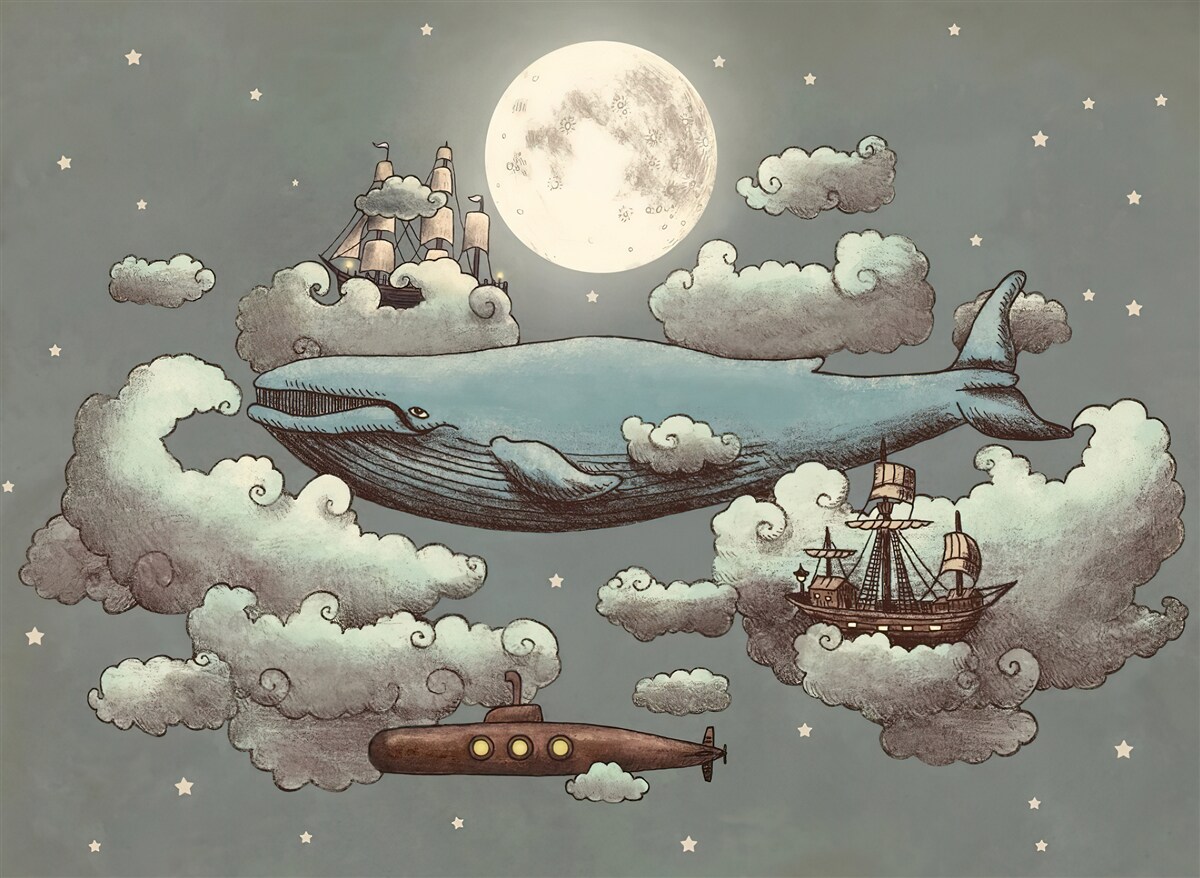 Fototapeta kaszalot i pływający statek unoszą się w chmurach