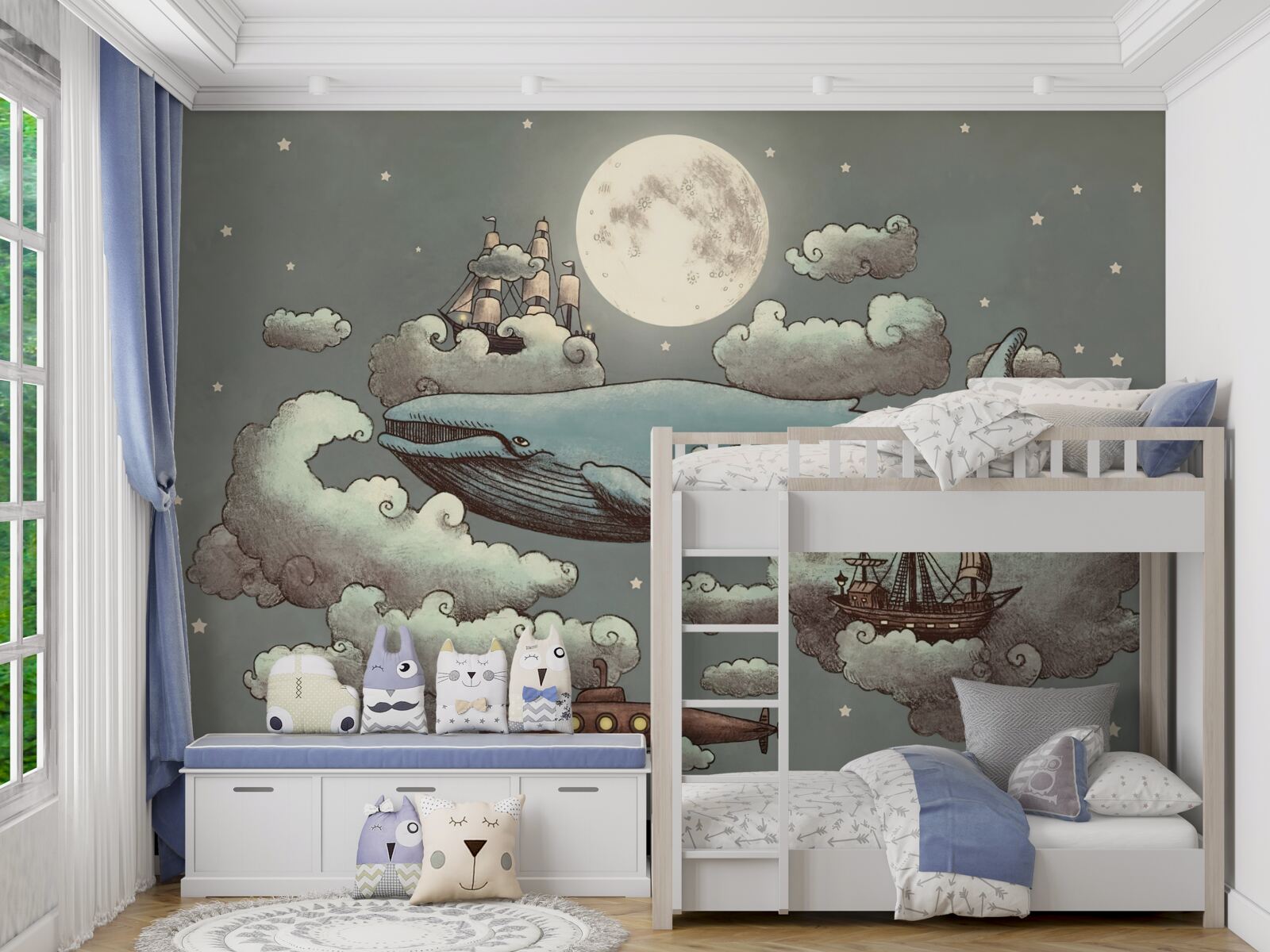 Fototapeta kaszalot i pływający statek unoszą się w chmurach