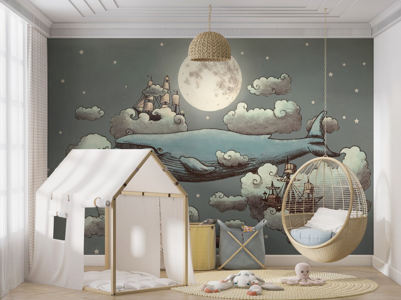 Fototapeta kaszalot i pływający statek unoszą się w chmurach