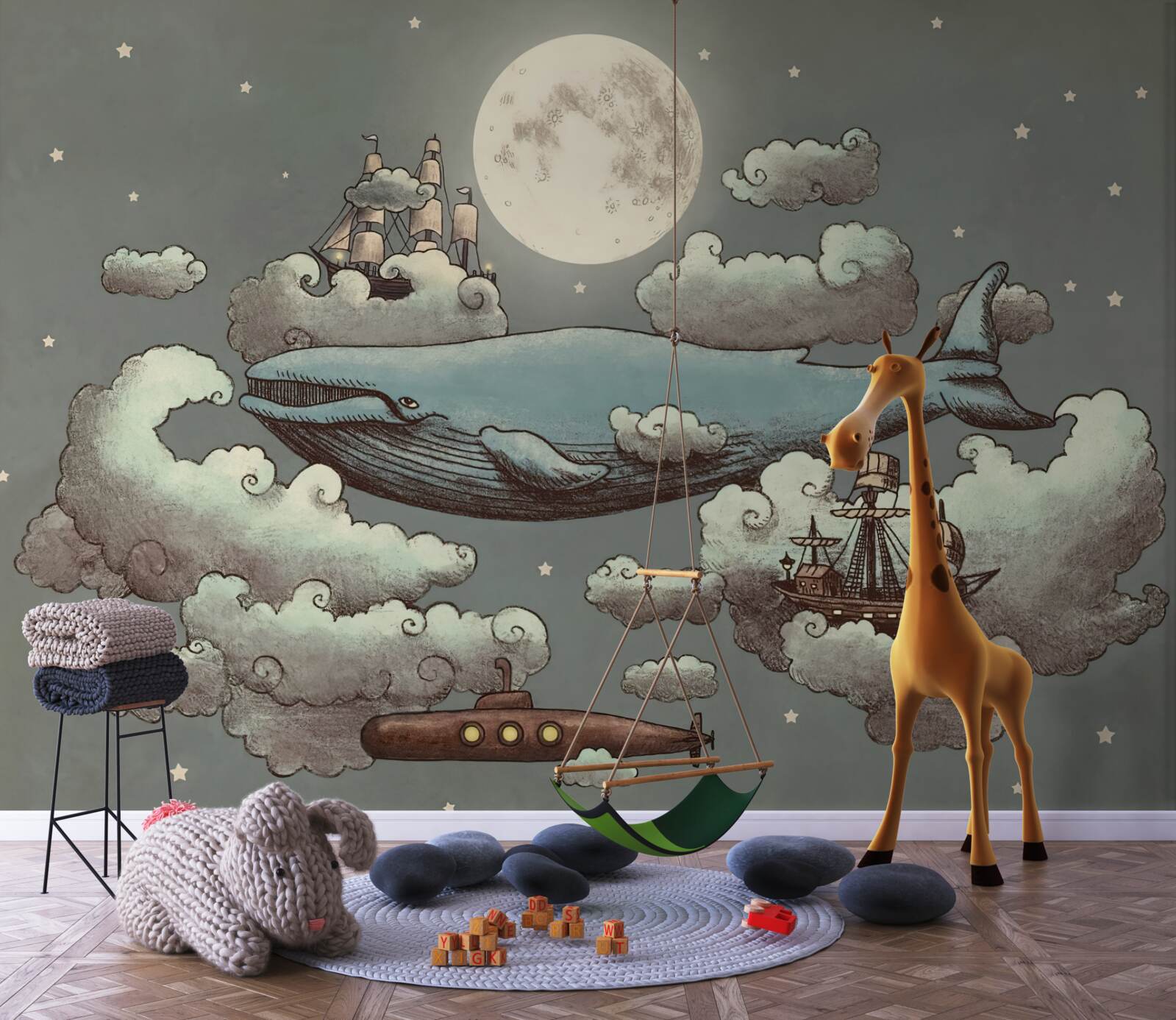 Fototapeta kaszalot i pływający statek unoszą się w chmurach